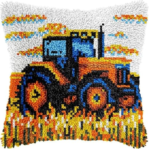 YarnAdventures Kit de Almohada con Gancho para Adultos,Plaza de la máquina cosechadora agrícola,Funda de Almohada Preimpresa,Hilos de Ganchillo,Kit Cojin Gancho de Pestillo,43x43cm