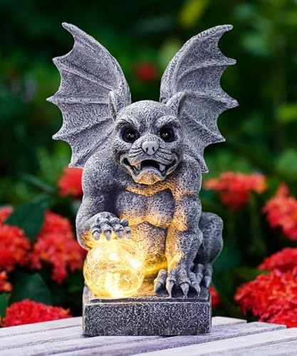 Yeomoo Solar Gargoyle Figuren mit Glasball LED-Licht Gartendeko für Außen - Mystische Gargoyle Figur mit leuchtende Ball Geschenke für Frauen Männer Mama - Wasserdicht Deko für Garten Balkon Terrasse
