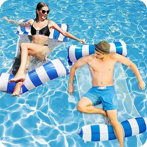KRUMAD Luftmatratze Wasser 115x65 cm Aufblasbare mit Netz, Schwimmsitz Hängematte Pool, Wasserhängematte, Schwimmliege Relaxliege Wasser Poolzubehör, Wasserliege für See, Meer, Strand, Blau-Weiß