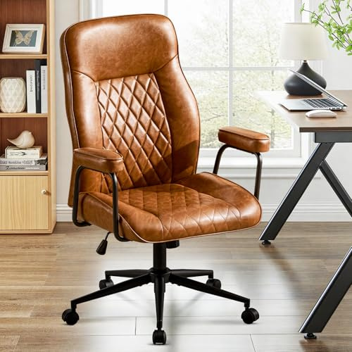 Ckaff Bürostuhl Ergonomisch, PU Leder Chefsessel, Schreibtischstuhl Computerstuhl mit Hoher Rückenlehne, Gepolsterter Armlehnen und Höhenverstellbar, Neigefunktion, Drehstuhl, Braun
