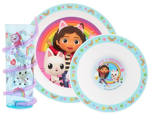 DreamWorks Gabby's Dollhouse 3pc Tableware Set – Includes Plate, Bowl, and Twisty Straw Tumbler Featuring Gabby, Pandy Paws, Cakey Cat, Mercat & Kitty Fairy - 48 Months Up, Purple