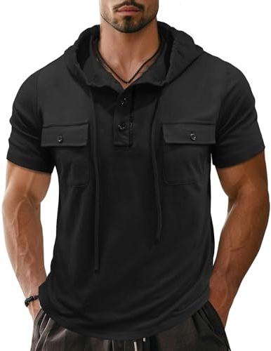 APAELEA T-shirt à capuche pour homme - Manches courtes - Bouton - Pour l'été - Hip Hop - Sport
