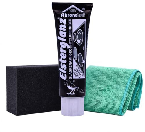 WEVOH Elsterglanz Glaskeramikreiniger Set, Ceranfeldreiniger und Glas Keramik Politur für Cerankochfeld, inkl. Polierschwamm und Mikrofasertuch zur Kochfeld Reinigung (40 ml)
