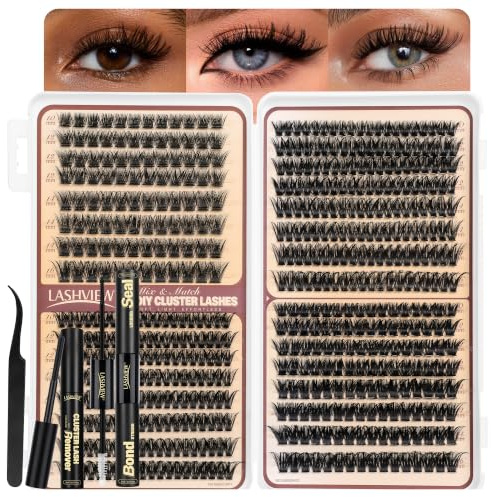 LASHVIEW Cluster Lashes Kit Lash Clusters with Glue and Remover and Lash Tweezer, Volume Clusters Lashes Book Kit D Curl Eyelash Extensions for DIY at Home 10-16mm (56D+60D+80D+100D)