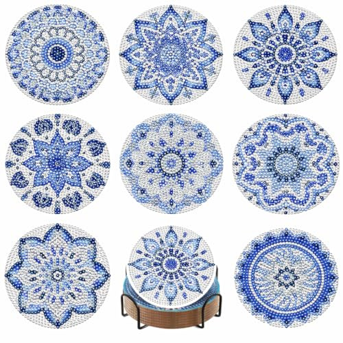 DIY Diamant Malerei Untersetzer Set mit Halter - 8 STK Elegantes Mandala Blau-Weiß Design - Zeitlose Keramik-Optik Bastelset für Erwachsene, Anfänger & Kunstliebhaber - Kreative Home Deko für Tisch