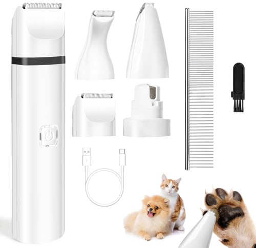 4 en 1 Maquina Cortar pelo Perros, Cortapelos Para Perros y Gatos | USB Recargable, con 4 Cabezales de Corte Multifuncionales, Tijeras, Peine, para patas ojos orejas cara cuerpo