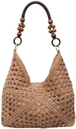 Sacs en Paille à Perles, Sac Bucket en Crochet pour Femmes, Sac à Épaule Tissé pour Été, Accessoire de Plage et Vacances