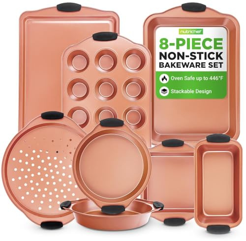 NutriChef 8-delars bakformset, non-stick bakformar i kolstål med silikonhandtag, stor bakplåt, pizzaplåt, fyrkantig form, brödform, stor kakplåt, rund form och muffinsplåt för 12 muffins (kopparfärg)