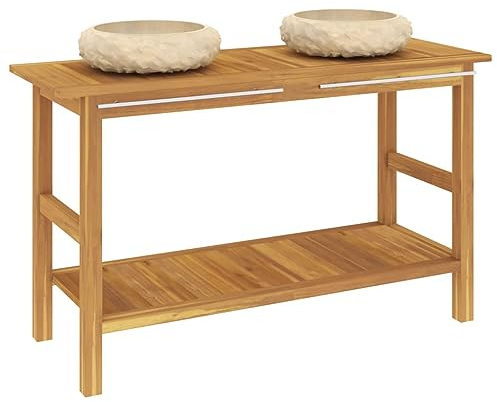 Tmriohed Tocador doble con 2 lavabos de mármol, armario bajo lavabo de madera maciza de teca, juego de muebles de baño, incluye lavabo en color crema, armario de baño 132 x 45 x 75 cm