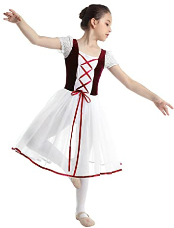 dPois Vestido Maillot de Ballet Danza Niña Vestido Princesa Medieval Elegante de Terciopelo Lazada Lujo Vestido Actuación Traje de Baile Fiesta Ceremonia Tutú Blanco Rojo Vino 5-6 años