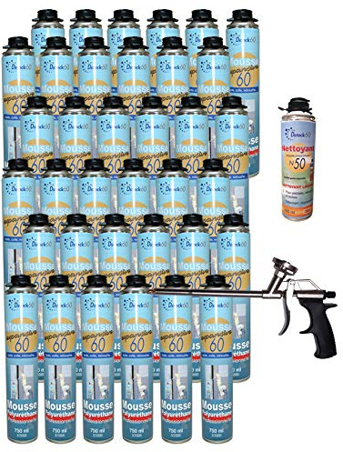 DSTOCK60 - LOT DE 36 MOUSSES PISTOLABLES + 1 PISTOLET + 1 NETTOYANT - MOUSSE EXPANSIVE 750 ML - MOUSSE POLYURÉTHANE PROFESSIONNELLE - ISOLE, COLLE ET REBOUCHE - EXTÉRIEUR ET INTÉRIEUR
