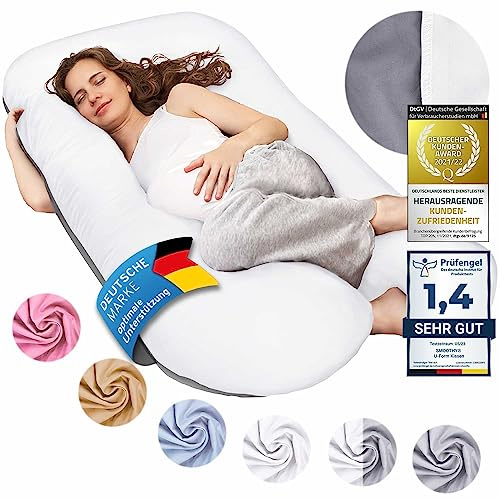 SMOOTHY Graviditetskudde, sidokudde, stödkudde, babykudde och amningskudde i U-form med avtagbart och tvättbart överdrag av 100% bomull (junior XL, 120 x 70 cm, duo)
