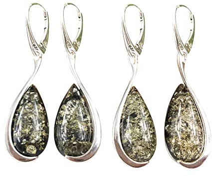 Grün Bernstein Ohrringe Sterlingsilber 925 Tropfen Form Ohrhanger Ohrschmück Edelstein Gross