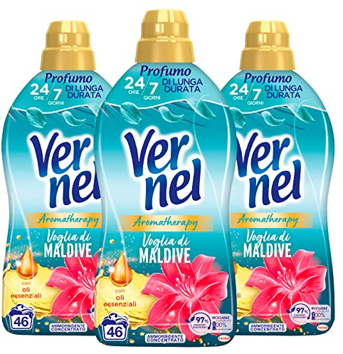Vernel Ammorbidente Concentrato Aromatherapy Fragranza Voglia di Maldive per Lavatrice Bucato Profumato e Capi Morbidi e Soffici - 3 Flaconi da 1,15 Litri