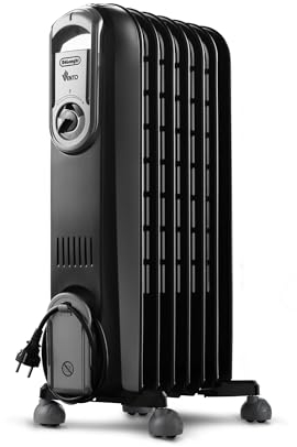 De'Longhi Serie Vento V550715.BG Radiatore ad Olio Elettrico, Stufetta elettrica a basso consumo, 7 Elementi, Timer, Manopole Intuitive, per Ambienti Fino a 45m³, 3 Livelli di Potenza, 1500W, Nero