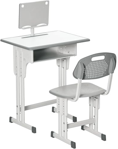 HOMCOM Juego de Escritorio y Silla para Niños de 6-12 Años Escritorio Infantil Altura Ajustable con 1 Cajón 1 Ranura para Lápiz y 1 Estante para Libros Acero 60x45x90-102 cm Gris