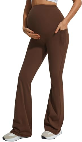 JOYSPELS Maternity Flare Leggings Over The Belly with Pockets – Soft, Comfortable Pregnancy Yoga & Daily & Work Pants, Coffee, S