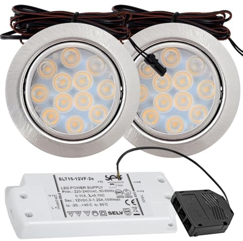 Lichtfaktor24 2 x 3W LED Möbeleinbauleuchten 12V super flach 65mm Einbaustrahler Leonie mit LED Trafo und Mini Verteiler 3000K Warmweiß Lochausschnitt: 55 bis 60mm