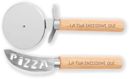 Set Tagliapizza Professionale con Rotella e Lama, Manico in Legno con Incisione 2 Pezzi Idea regalo Natale Amore Cena Cibo Casa Amici Cucina Pizza Focacce Personalizzata con nome e dedica