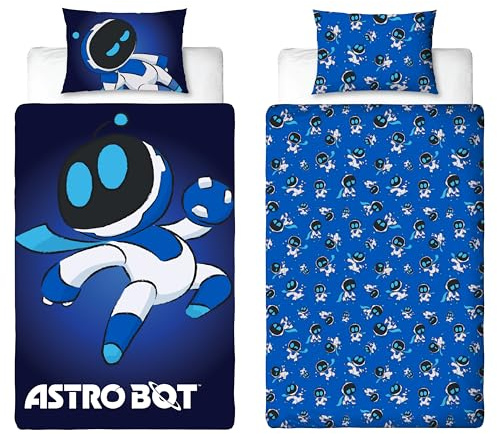 Character World Astro Bot - Set copripiumino singolo, reversibile, double-face, con federa coordinata, colore: blu