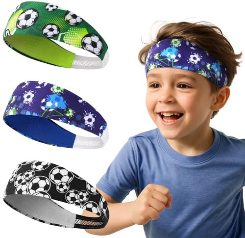 WAWSAM 3 Piezas de Diademas Deportivas para Niños - Diadema Deportivas con Temas De Fútbol Niños La Diadema Elástica Transpirable y Absorbe El Sudor, y Deportes para Niño de 4 a 9 Años