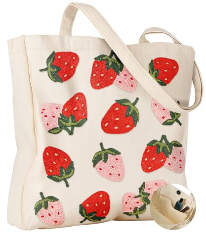 Miss Adola Embroidery Canvas Tote Bag with Pocket & Buckle, Strawberry | Large Capacity, Aesthetic Style, Shoulder Carry, Reusable Cute Tote for Women, Grocery Bag for Work Shopping