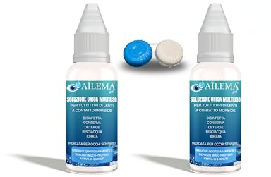 Ailema 2 Confezioni di Soluzione Unica+Porta Lentine|Azione 4 in 1|con Acido Ialuronico |Lubrifica,Detergi e Proteggi le Lenti a Contatto|Formula Occhi Sensibili (360 ml x2 con Porta Lentine)