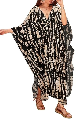 Bsubseach Casual Kaftan Dresses for Women V Neck Plus Size Swimsuit Cover Up Beach Vacation Dress Black Khaki Pattern