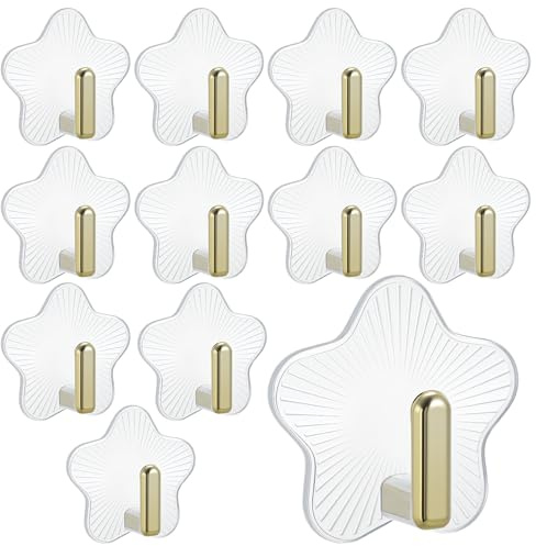 Bremorou Ganchos adhesivos extrafuertes para pared autoadhesivos, 12 unidades, ganchos transparentes, bonitos en forma de estrella, sin agujeros, ganchos adhesivos para baño, cocina