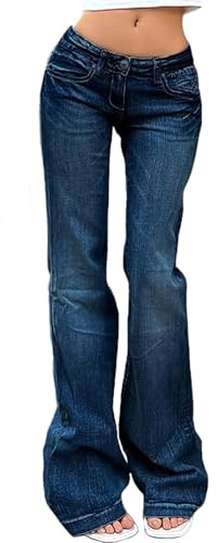 Jeans Tiro Bajo Campana para Mujeres Y2k Pierna Recta Ajustados Elásticos Bootcut Jeans Novio Flare Pantalones Vaqueros Lavado Tendencia Vintage Ropa Urbana (Azul Oscuro,S)
