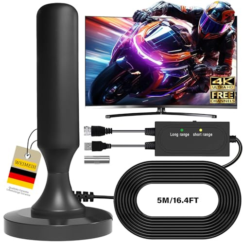 Antenne TV Intérieur Puissante,2026 Puissante Antenne HDTV Intérieur de Base magnétique-Chaînes Locales Gratuites 500km Réception Longue Portée à 360°,Compatible avec 4K 1080P et Tous Les TV (Black)