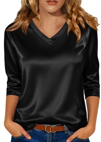 Chemisier Femme Chic Et Élégant Chemisier Satin Mode Couleur Col en V Blouse Manche 3/4 De Soirée Business Top Haut Chic pour Soirée