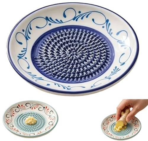 Ceramic Garlic Grater Plate -Ceramic Grating Plate for Garlic, Nutmeg, Fruit Purée & Baby Food | Non-Slip Kitchen Herb Shredder & Masher Dish, Easy Clean (Deep Blue Folk Art)