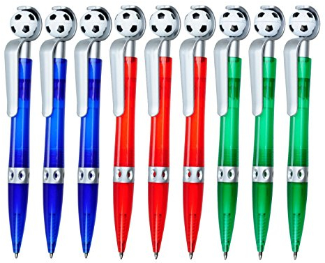 WPRO Kugelschreiber Kinder Goalie 9er Set Farbmix 3x blau 3x rot 3x grün, blau schreibend, Fußball Drücker – Mitgebsel Fußballparty, Schule, Partytüte