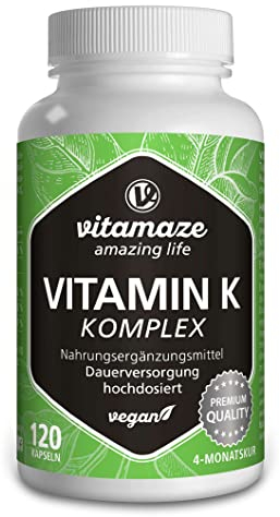 Vitamin K Komplex hochdosiert & vegan, K1 1.000 mcg + K2 Menaquinon (1.000 mcg MK4 + 200 mcg MK7), 120 Kapseln für 4 Monate, beste Bioverfügbarkeit, Made in Germany