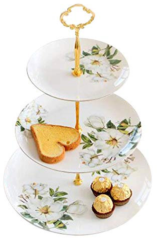 YBK Tech Présentoir à gâteaux rond en porcelaine à 3 niveaux, blanc et vert, hauteur : 36,2 cm, diamètre : 15,2 cm, 20,3 cm et 25,4 cm (blanc)