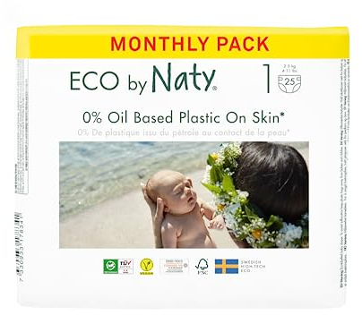 Eco by Naty Baby Öko Windeln - umweltfreundliche Premium-Bio Windeln aus pflanzenbasierten Materialien, ideal für empfindliche Babyhaut (Größe 1 - 100 Stück) - MONATSBOX