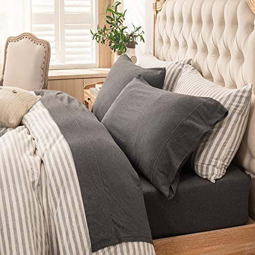 PURE ERA Jersey Knit 4pc Bed Sheet Set 100% T-Shirt Heather Cotton Super Soft Comfy Breathable Fits Mattress Up to 20 Extra Deep Pocket (Charcoal Dark Grey, King)