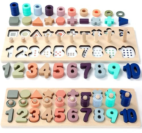 BEKILOLE Wooden Montessori Toys for Kids Toddler Number Puzzles Sorter Counting Shape Stacker Stacking Game Preschool Toys for Boy Girl Learning Education Math Blocks Year Old Girl Gifts (Macron)