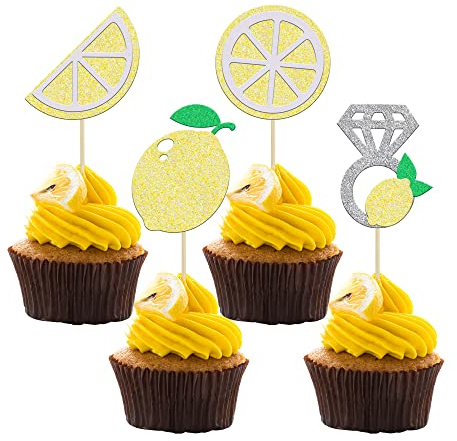 Gyufise 24Pcs Glitter Lemon Cupcake Toppers Picks Flower Ring Fruit Bridal Shower Cupcake Picks for Wedding Engagement Bridal Shower Bachelorette Party Decoration Supplies