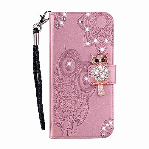 Reevermap iPhone XS/iPhone X Hülle, iPhone XS/X (5.8) Handyhülle Flip Case Kredit Karten Fach Geldklammer Leder Tasche Glitzer Bling Eule Schale Schutzhülle iPhone XS/iPhone X, Roségold