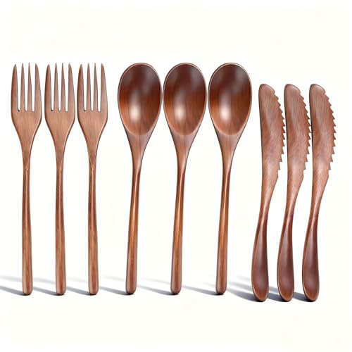 Besteckset 3 Teiliges Holzbesteck Set Holzlöffel Gabel Messerset Küche Holz Besteck Besteck Gabel Löffel Campinglöffel Reisebesteck für Home Cafe Restaurant