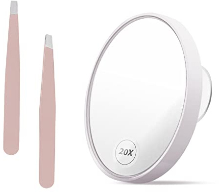 PFLYPF 1 Pieza de Espejo Des Maquillage con Aumento de 20 x，con 2 Pinza，Lupa Redonda con Ventosa，Utilizada para Maquellaje、eliminacio de espinillas，Adecuada el hogar y los Viajes