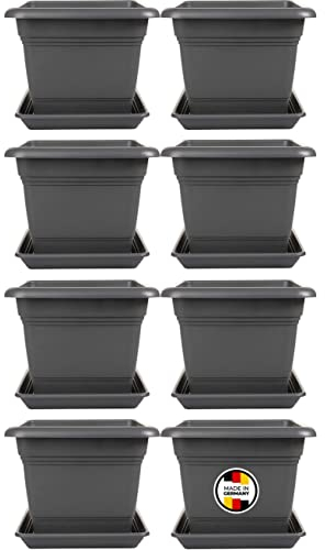 8er Set Pflanzkübel Groß Außen, Blumentopf Gross 40x40 cm, Pflanzentopf Blumentopf mit Löcher und Untersetzer, Pflanzkübel Kunststoff, Blumenkübel Pflanztöpfe Blumentöpfe Anthrazit, Model: Udo