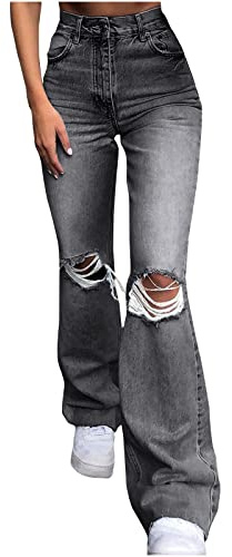 HAOLEI Ripped Jeans Womens UK Sale Clearance Flared Bootcut Leggings Stretch Ripped Denim High Rise Bell Bottoms Ladies Jeans Loose Wide Leg Trousers Baggy Mum Pants Spring High Waisted Jogger