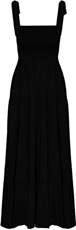 Women's Summer Boho Spaghetti Strap Square Neck Ruffle Casual Flowy Long Dress Beach Swing Party Maxi Dress Black