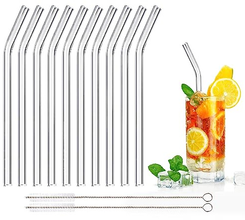DONQL 10 Pcs Glass Straws Reusable, Glass Straw with 2 Cleaning Brushes | Drinking Straws with 20cm Length, Transparent Clear Straws Perfect for Milk, Coffee, Coctail (Curved)