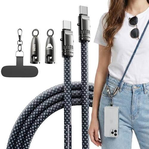 Mobitel USB C Phone Lanyard Charging Cable 60W Fast Charging Wearable Strap | Phone Lanyard Anti Theft Neck Strap Nylon Braided USB C to USB C Cable for iPhone 17 16 Samsung Google Pixel iPad 1.2m