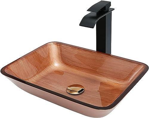 SXLSZ Lavabo da Appoggio in Vetro Temperato Lavandino Bagno da Appoggio Rettangolo Lavandino in Vetro Artistico Moderno Lavabo D'appoggio con Nero Rubinetto e Raccordi di Scarico,Rose Gold