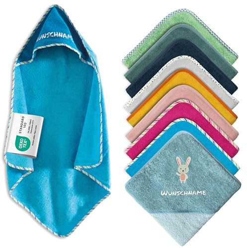 my STITCHERY Kapuzenhandtuch Baby mit Namen Bestickt, Oeko-TEX® Standard 100 - Personalisiertes Babyhandtuch mit Kapuze aus Reiner Baumwolle mit gesticktem Namen und Motiv (Petrol, 80 x 80 cm)